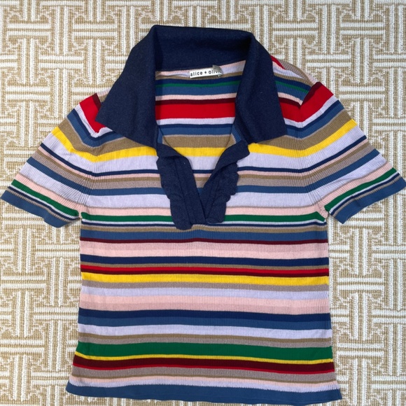 Alice + Olivia Martha Striped Ruffle-Trim Polo Shirt. Size M/L - Picture 2 of 6